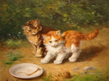 Animal Painting - Gattini con lumaca Alfred Brunel de Neuville gatito